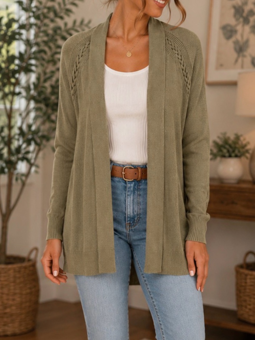 89th & Madison- Olive Open Front Cardigan Size Small